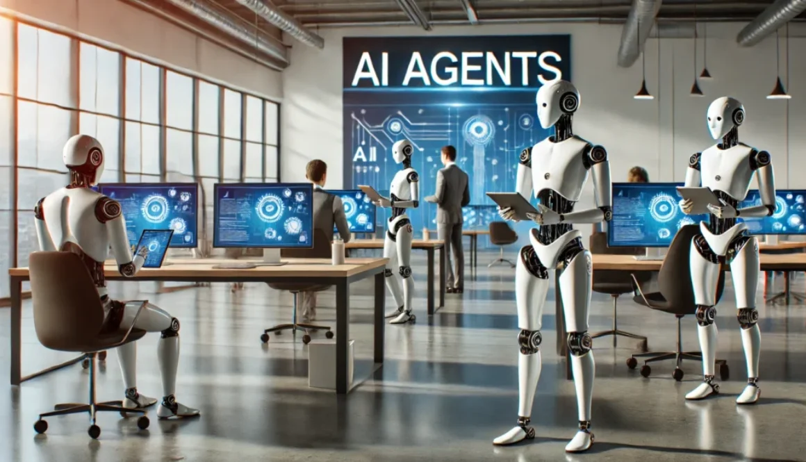 DALL·E 2025-03-24 11.25.17 - A futuristic office environment with humanoid robots acting as agents, using tablets for work. The robots have sleek, modern designs and are engaged i